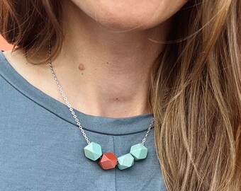 Cute Wood Bead Necklace, Colorful Geometric Wood Necklace, Handmade Chunky Wood Necklace, Cute Necklace, Unique Necklace, Gifts for Her