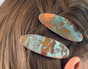 patina copper hair clip set, set of oval barrettes, small oval hair clips, hair barrettes set, metal hair barrettes