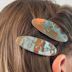 patina copper hair clip set, set of oval barrettes, small oval hair clips, hair barrettes set, metal hair barrettes