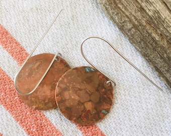 copper patina dangle earrings, aged copper and sterling silver earrings