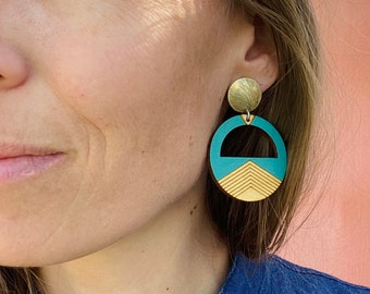 gold and turquoise mountain stud earrings, wooden mountain dangle earrings, mountain stud dangles