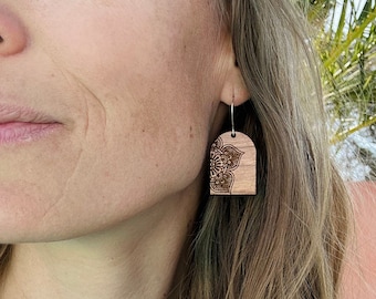 mandala dangle earrings, dangle earrings studs, sterling silver earrings, wooden earrings, wood earrings for women, anniversary gift
