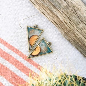 wood & bark resin earrings, blue and pink wood resin earrings, triangle drop earrings, sterling silver dangle earrings