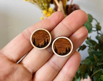 pine tree wood stud earrings, outdoorsy earrings, earrings studs, hypoallergenic earrings, wood earrings for women, gift ideas