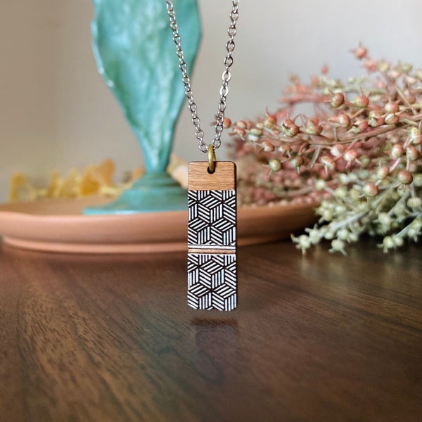 geometric wood necklace, hypoallergenic necklace, pendant necklaces for women, engraved wooden necklace, anniversary gift