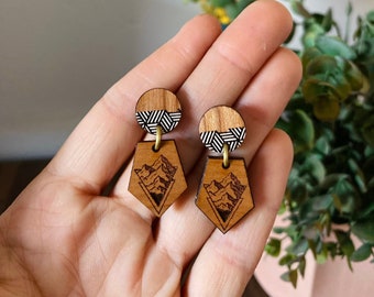 wood mountain earrings, lightweight wooden earrings, stud dangle earrings, geometric wood earrings, hypoallergenic earrings, outdoorsy gifts