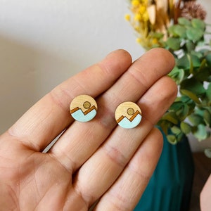 handmade mountain wood stud earrings, mountian earrings, earrings studs, hypollergenic earrings, outdoorsy gifts, wooden stud earrings