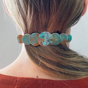 extra large patina copper barrette, copper circle hair clip, large hair barrette, barrette for thick hair image 1