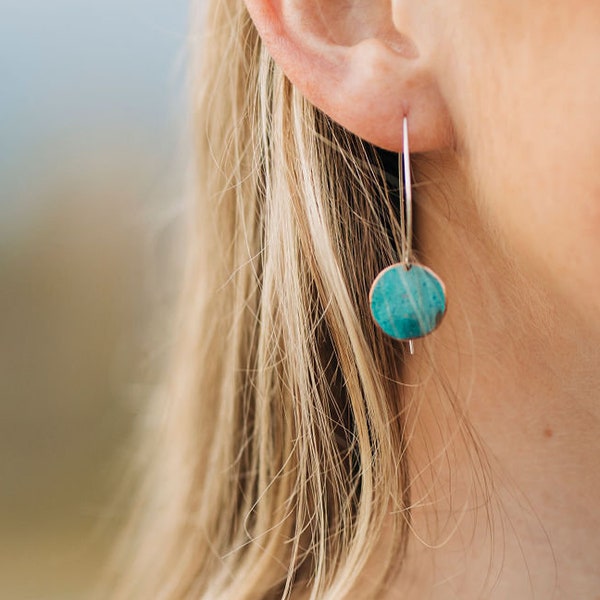 verdigris copper earrings, sterling silver and patina copper dangle earrings, rustic turquoise drop earrings, copper patina earrings