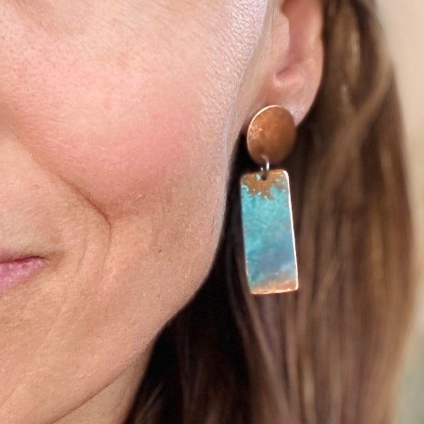 copper and patina copper stud dangle earrings, verdigris copper drop earrings, modern boho dangle earrings