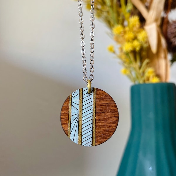 geometric pendant necklace, wood necklace, handmade jewelry, necklaces for women, minimalist necklace, anniversary gift, boho jewelry