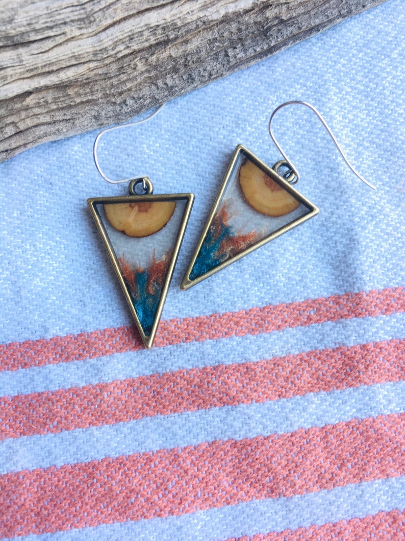 wood resin earrings, wooden dangle earrings, statement earrings, geometric earrings, aesthetic earrings, indie earrings image 2