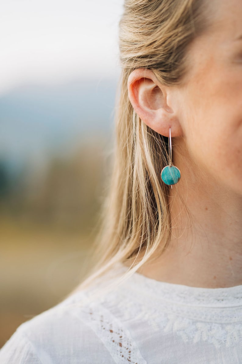 verdigris copper earrings, sterling silver and patina copper dangle earrings, rustic turquoise drop earrings, copper patina earrings image 1