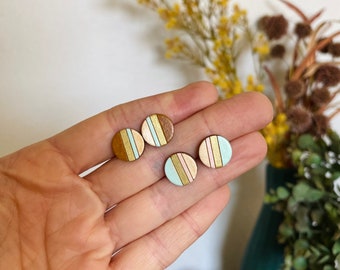 striped wood stud earrings, colorful wood studs, wooden earrings studs, small stud earrings, lightweight earrings, gifts for her