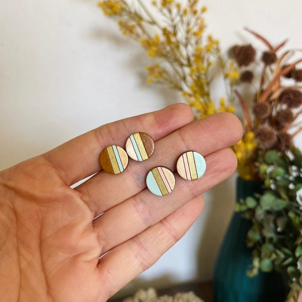 striped wood stud earrings, colorful wood studs, wooden earrings studs, small stud earrings, lightweight earrings, gifts for her