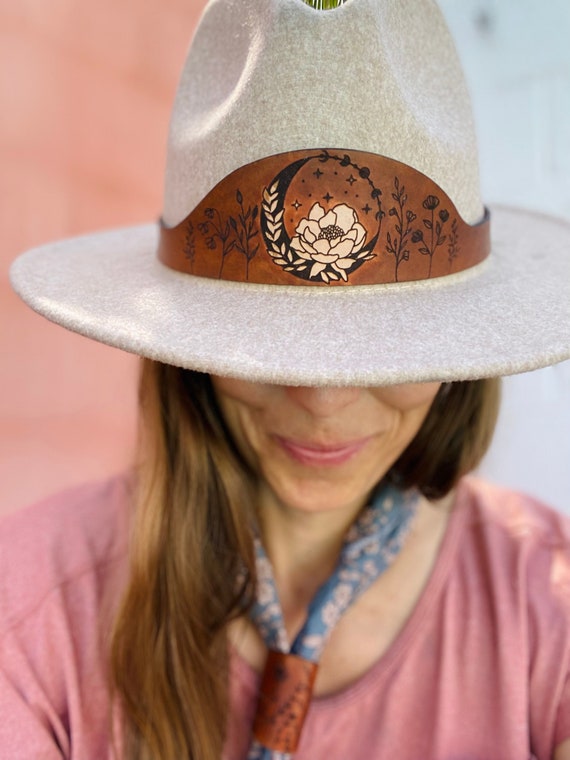 Beige Fedora With Leather Moon Phase Flower Hat Band Handmade