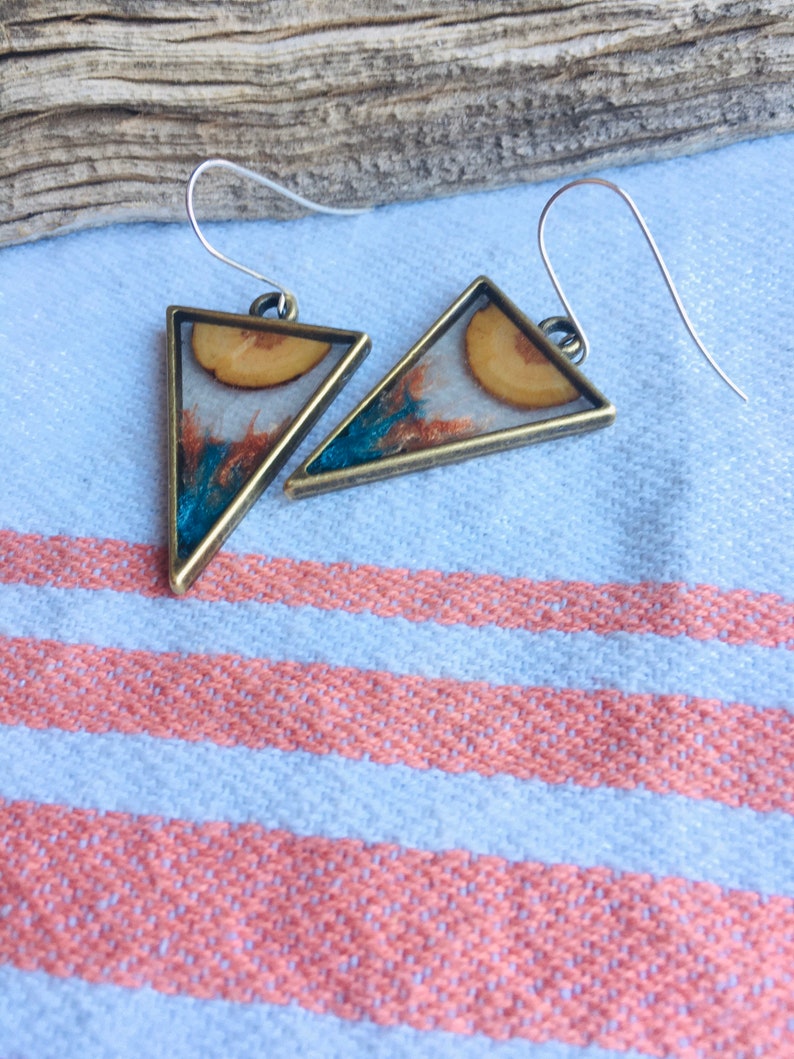 wood resin earrings, wooden dangle earrings, statement earrings, geometric earrings, aesthetic earrings, indie earrings image 3