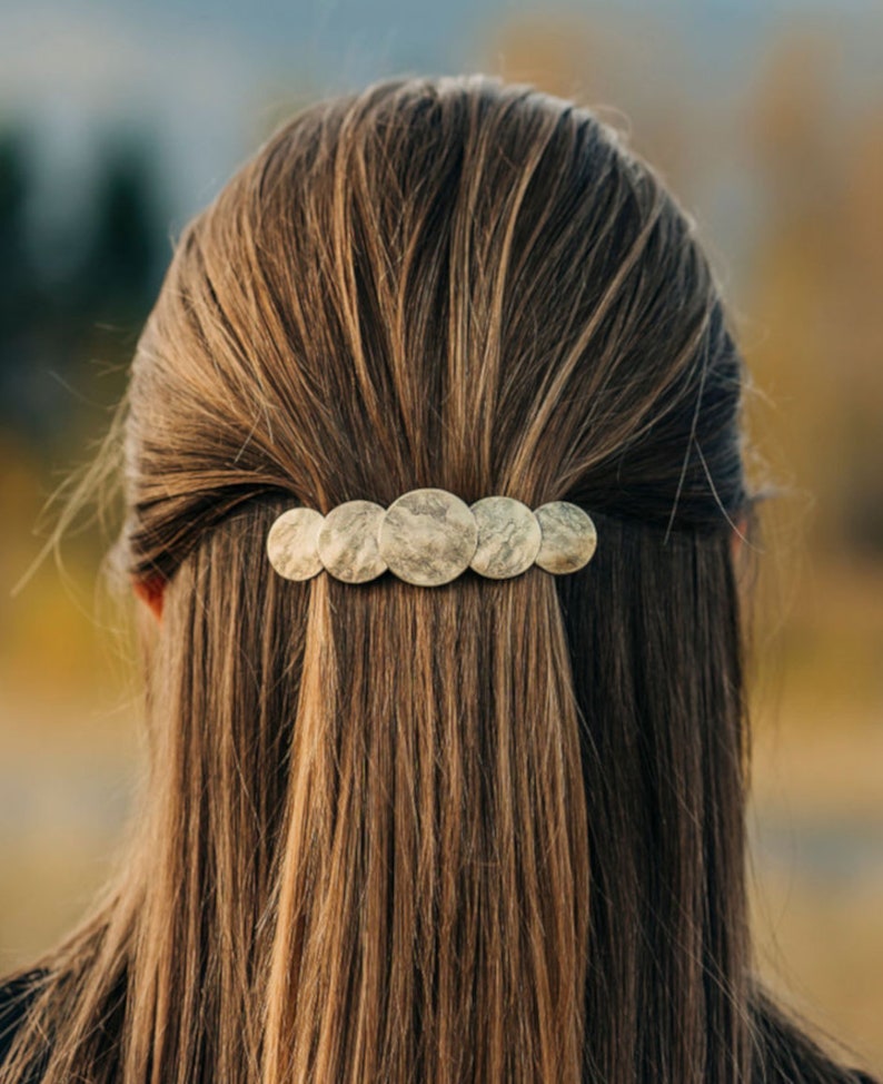 full moon large hair clip, gold barrettes for thick hair, moon hair accessories, handmade metal hair barrette, adult hair clips image 1