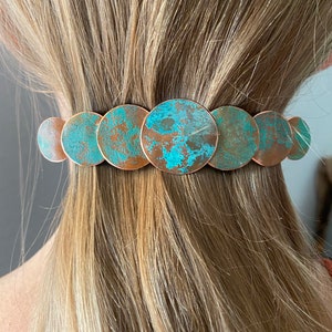 extra large patina copper barrette, copper circle hair clip, large hair barrette, barrette for thick hair image 2