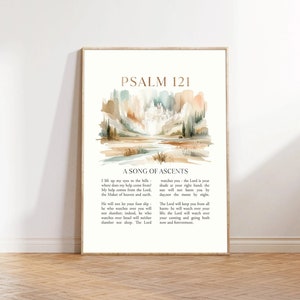 May include: A watercolour painting of a landscape with a city in the background. The text "PSALM 121" is at the top of the image. The text "A SONG OF ASCENTS" is below the image. The text of Psalm 121 is below the title.