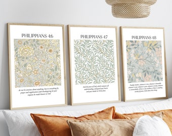 Philippians Bible Quotes Set of 3 Floral Pattern Verses Canvas Wall Art Poster Modern Print Christian Boho Home Christian Art William Morris