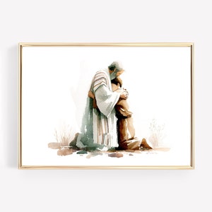 Op de afbeelding: Een aquarel schilderij van een man in een witte robe die een knielende jongen omarmt. De man heeft een baard en draagt een bruine sjerp. De jongen draagt een bruine tuniek. Het schilderij is tegen een witte achtergrond geschilderd met een paar grassprieten op de voorgrond.