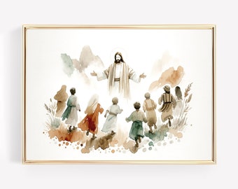 May include: Watercolor painting of Jesus Christ with outstretched arms, surrounded by a group of children running towards him. The scene is set in a field with green grass and brown hills in the background.