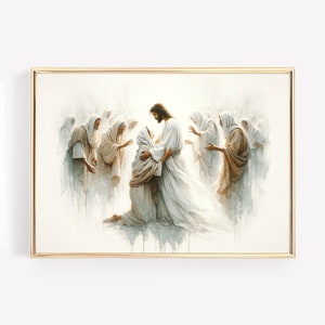 Jesus Heals the Bleeding Woman Canvas Wall Art Poster Holy Bible Birthday Gift Watercolor Christian Scripture Print Trendy Home Decor Frame