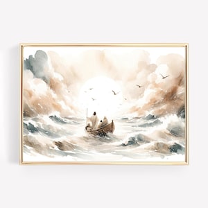 Pode incluir: Pintura em aquarela emoldurada em ouro retratando um barco com figuras em um mar turbulento sob um sol brilhante. A obra de arte apresenta uma paleta de tons bege, marrom e azul, com pássaros voando no céu. O tema geral é religioso.