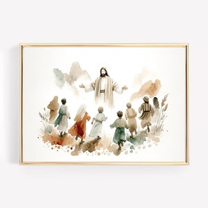 Lienzo con impresión de Jesús con niños, arte de pared, póster, Biblia moderna sagrada, regalo de cumpleaños, acuarela, arte de pared bohemio cristiano, arte cristiano para el hogar