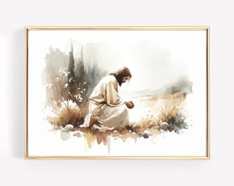 Jesus Prays in the Garden of Gethsemane Canvas Wall Art Poster Holy Bible Verse Gift Watercolor Boho Christian Scripture Print Easter Print
