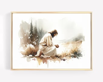 Jesus Prays in the Garden of Gethsemane Canvas Wall Art Poster Holy Bible Verse Gift Watercolor Boho Christian Scripture Print Christian Art