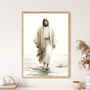 Jesus geht auf Wasser Poster Heiliger Druck Bibel Geschichte Kunst Wandkunst Geschenk Trendy Wohnzimmer Haus Christliches Geschenk Leinwand Christliches Kinderzimmer Dekor