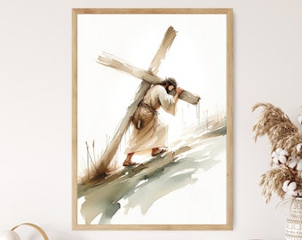 Jesus Carries Cross Wall Art Poster Print You Will Be with Me in Paradise Gift Watercolor Print Trendy Living Room Home Christian Art Canvas