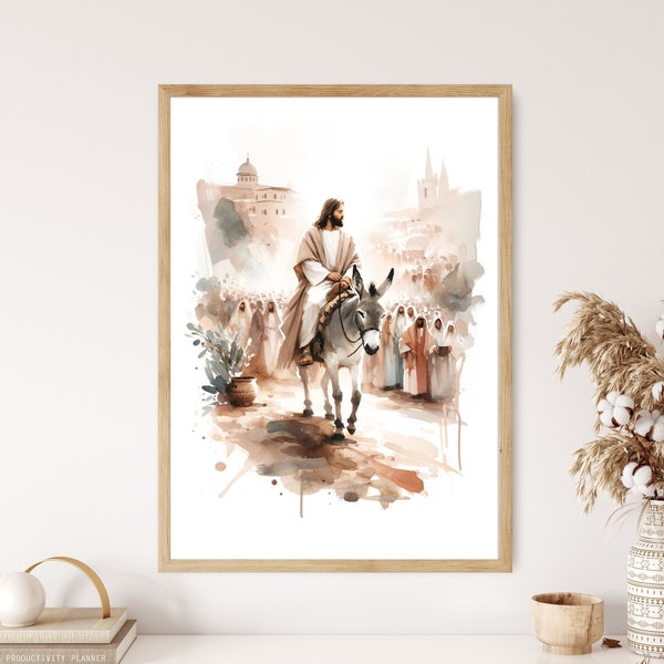 Jesus Riding into Jerusalem Poster Holy Bible Easter Print Home Decor Frame Canvas Christian Wall Art Decor Bible Watercolor Art