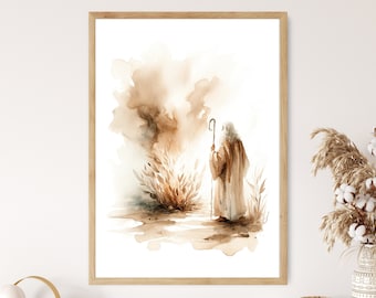Moses and Burning Bush Canvas Wall Art Poster Holy Modern Bible Art Birthday Gift Watercolor Christian Boho Scripture Print Home Decor Frame