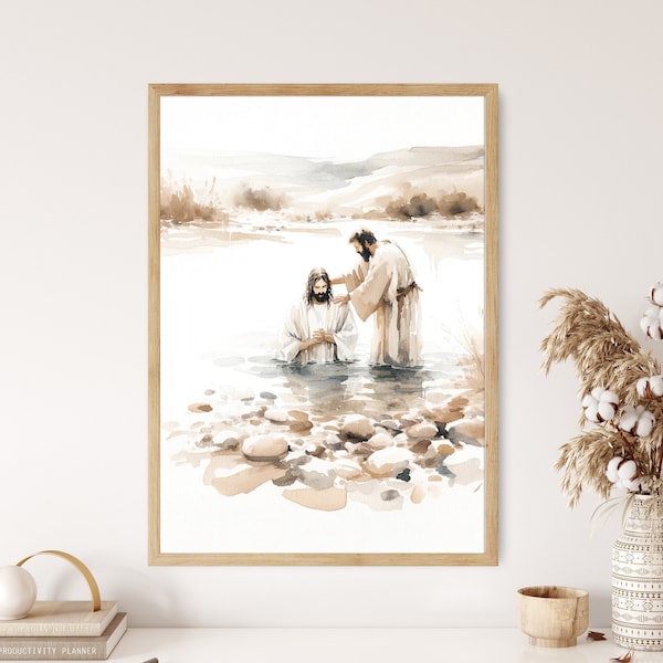 Baptism of Jesus Christ and St. John Poster Baptized Holy Bible Print Living Room Home Decor Frame Canvas Christian Wall Art Decor Bible