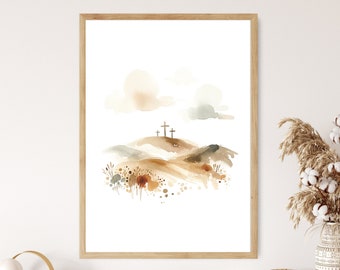 Three Crosses Minimal Modern Boho Christian Wall Art Poster Print Crucifixion Bible Scene Calvary Catholic Scripture Home Decor Frame Canvas