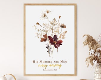 Lamentazioni 3:23 Citazione floreale della Bibbia su tela Poster artistico da parete Moderno e minimalista Scritture Misericordie Botanico Boho Decorazione per la casa cristiana con cornice