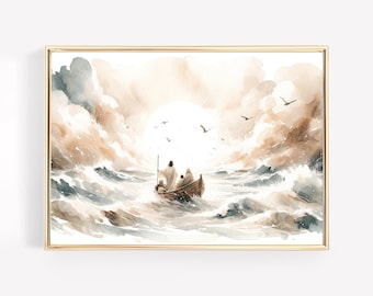Jesus Calms the Storm Canvas Wall Art Hush Be Still Poster Watercolor Holy Bible Birthday Gift Christian Scripture Print Home Decor Framed