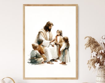 May include: Watercolor print in a wooden frame. The artwork depicts a figure with long hair and a beard, surrounded by children. The figures are dressed in neutral tones, with soft watercolor washes. The overall theme is religious and inspirational.