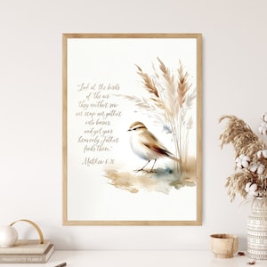 Póster de lienzo con el texto "Mira las aves", con cita bíblica moderna, acuarela, arte de pared, estilo bohemio, cristiano, para sala de estar