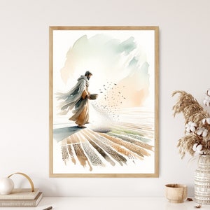 Op de afbeelding: Een aquarel schilderij van een persoon in een gewaad die zaden over een veld strooit. De persoon loopt van links naar rechts en houdt een kom in zijn linkerhand. Het veld is verdeeld in rijen en de zaden vallen in een verspreid patroon.