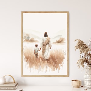 Jesus with a Boy Kid Print Canvas Wall Art Poster Holy Modern Bible Birthday Gift Watercolor Christian Boho Wall Art Print Home Easter Print