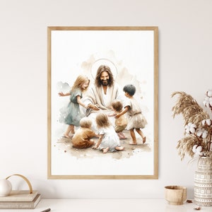 Jesus Playing with Children Watercolor Wall Art Poster Kids Bible Art Scene Modern Boho Christian Scripture Gift Canvas Print Christian Gift