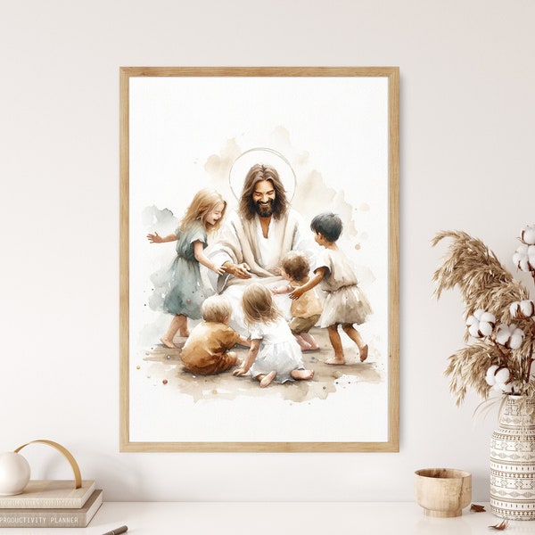 Jesus Playing with Children Watercolor Wall Art Poster Kids Bible Art Scene Modern Boho Christian Scripture Gift Canvas Print Easter Print