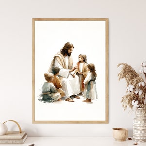 Póster de acuarela con diseño de Jesús enseñando a los niños, arte de pared minimalista, escena de la Santa Biblia, estilo bohemio, escritura cristiana, regalo, impresión en lienzo, regalo cristiano