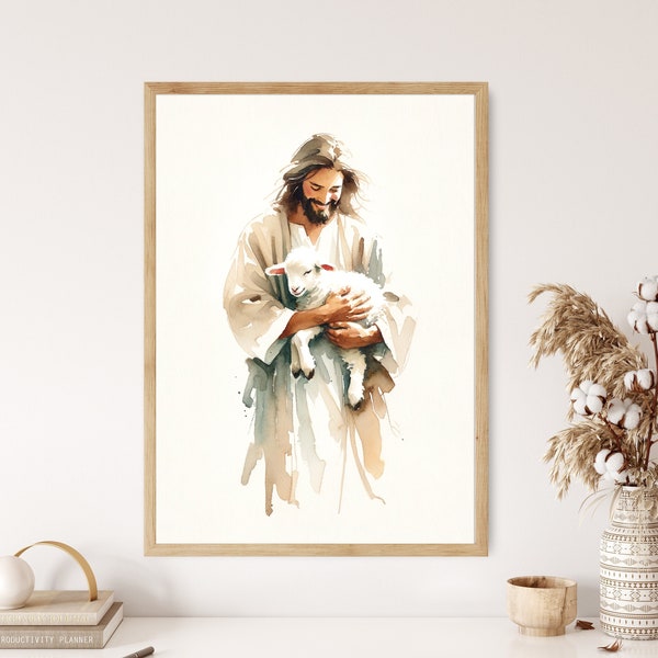 Parable of the Lost Sheep Canvas Wall Art Poster Jesus leaves the 99 Modern Bible Gift Watercolor Boho Christian Print Room Home Decor Frame