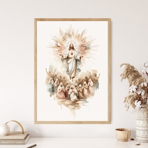 Sacred Heart of Jesus Canvas Wall Art Poster Holy Bible Art Birthday Gift Watercolor Christian Print Trendy Living Room Home Decor Frame