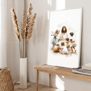 May include: A watercolor painting of Jesus surrounded by children. The children are all smiling and looking at Jesus. The painting is in a white frame and is hanging on a wall.